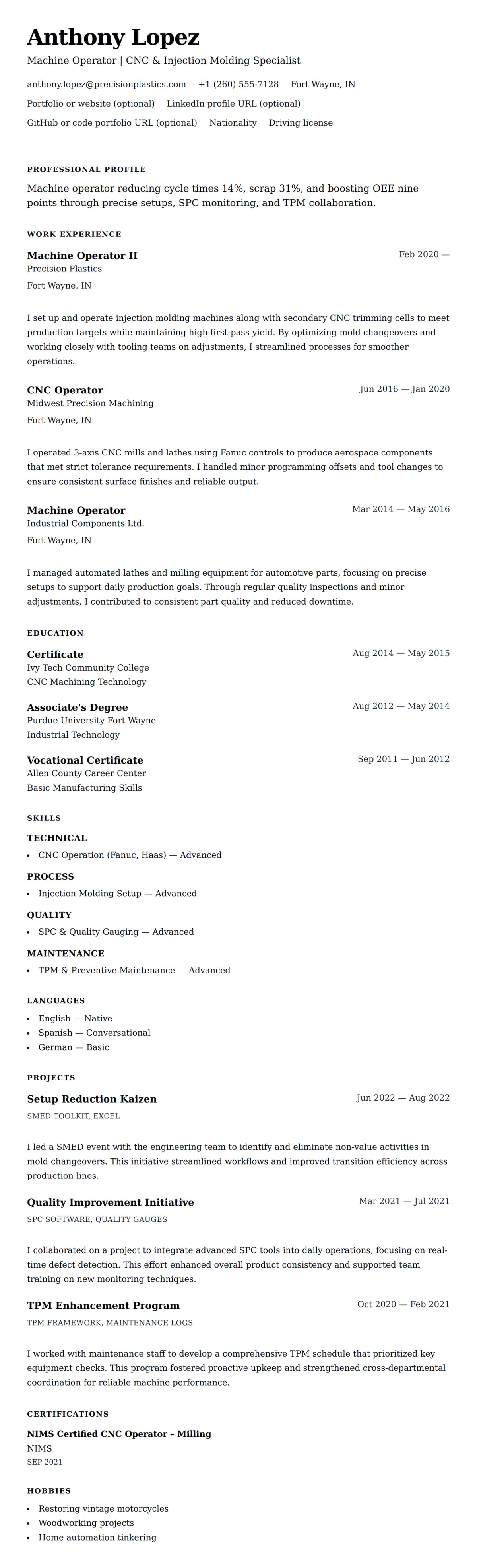 Resume preview for Machine Operator Resume Example