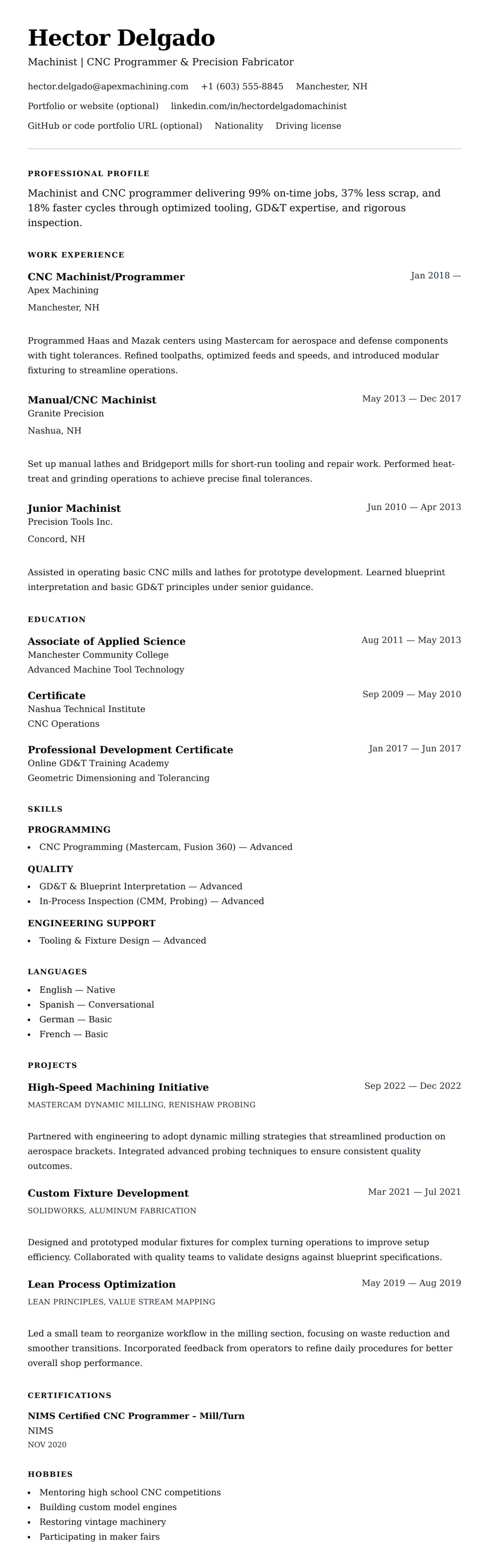 Resume preview for Machinist Resume Example