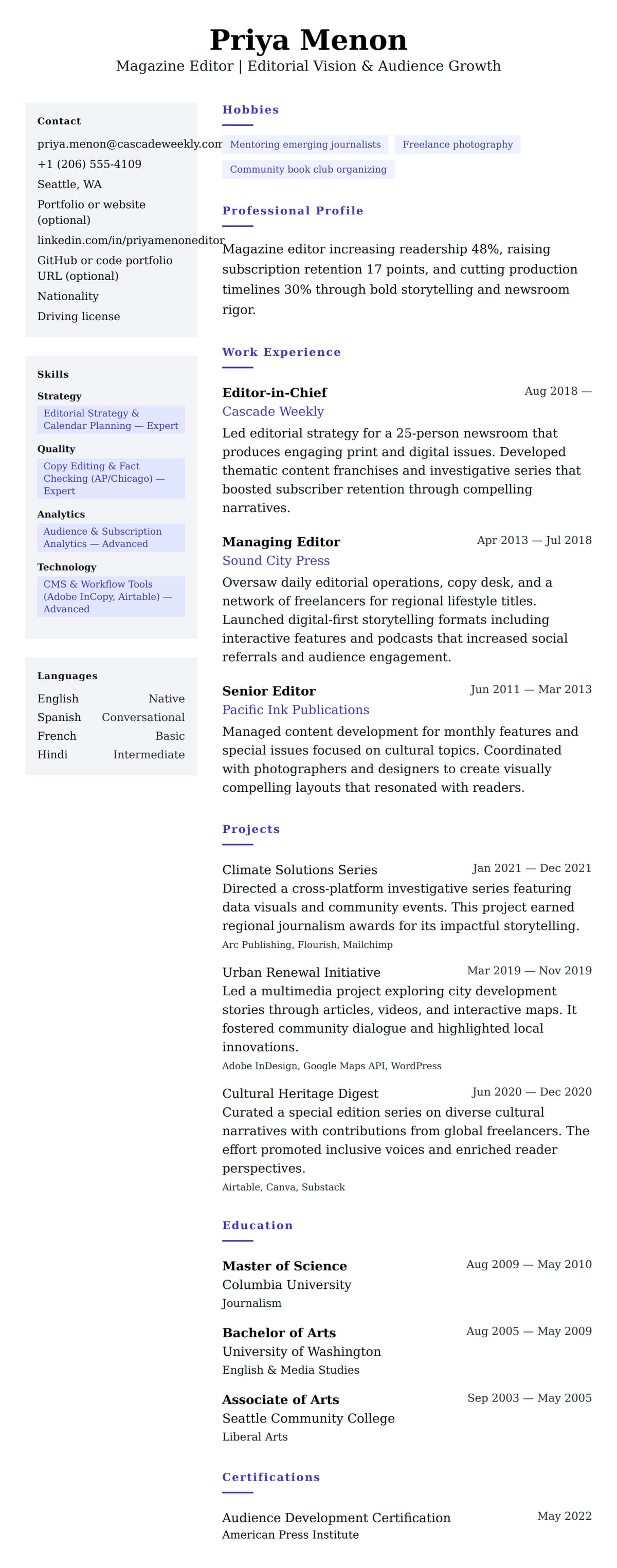 Resume preview for Magazine Editor Resume Example