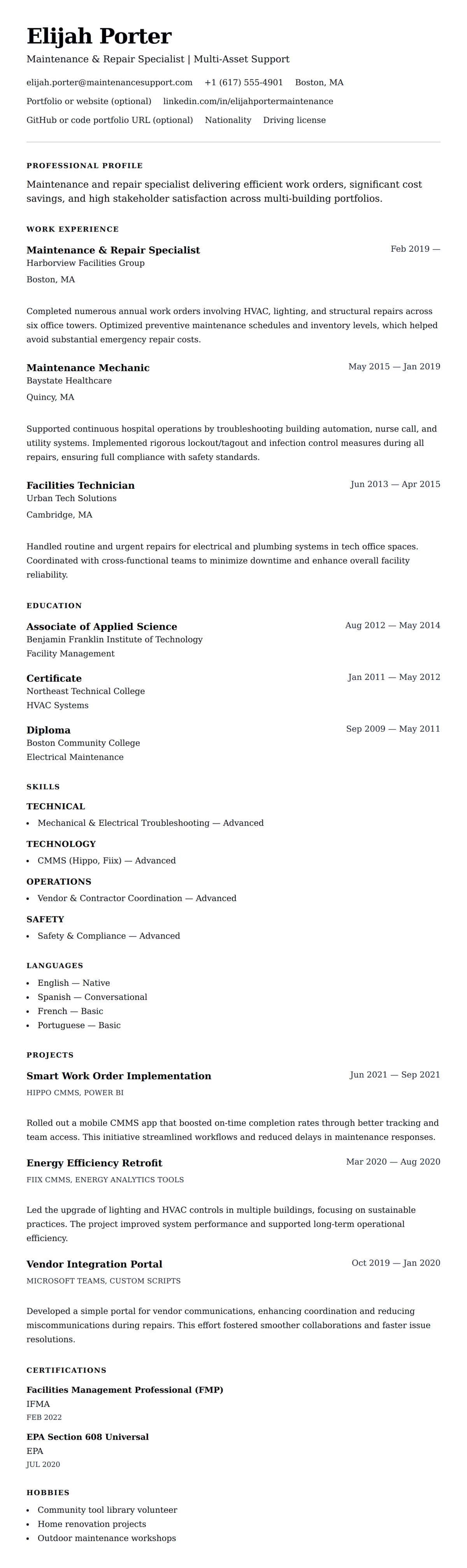 Resume preview for Maintenance & Repair Resume Example