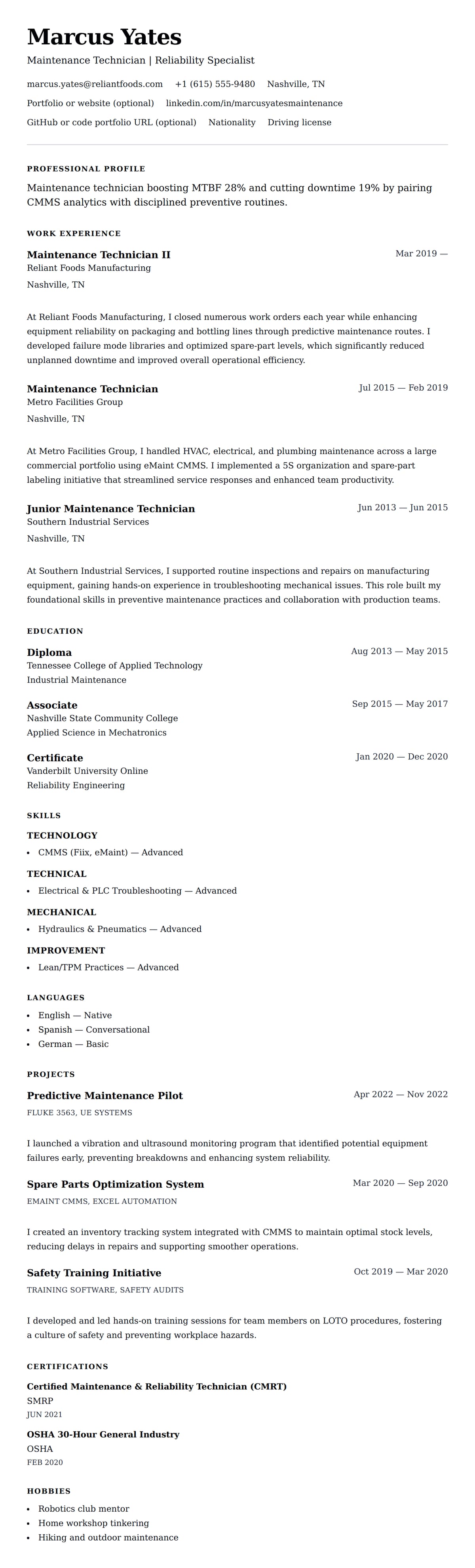 Resume preview for Maintenance Technician Resume Example