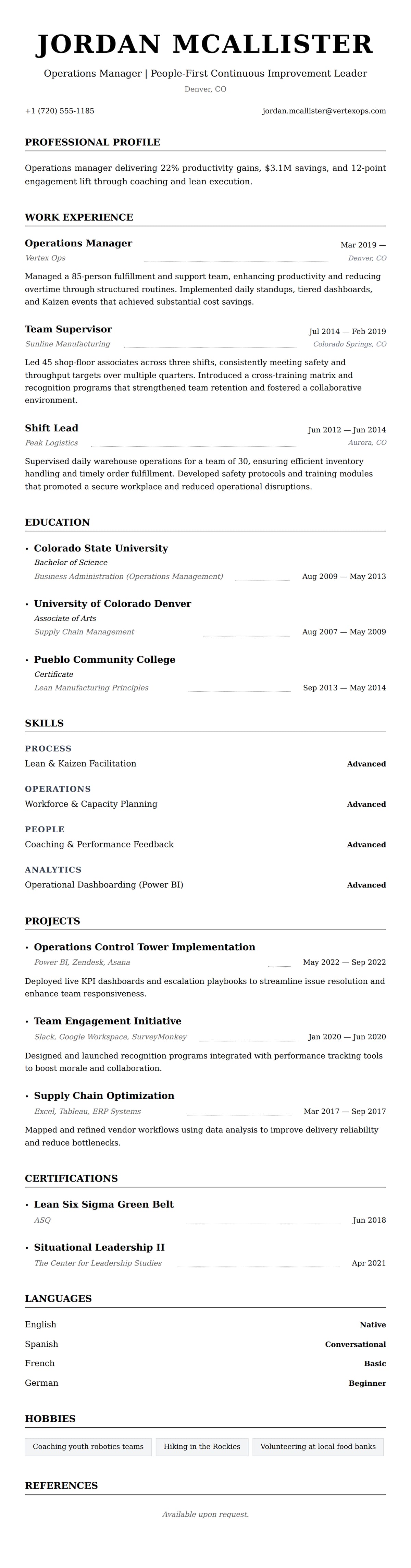 Resume preview for Operations Manager Resume Example