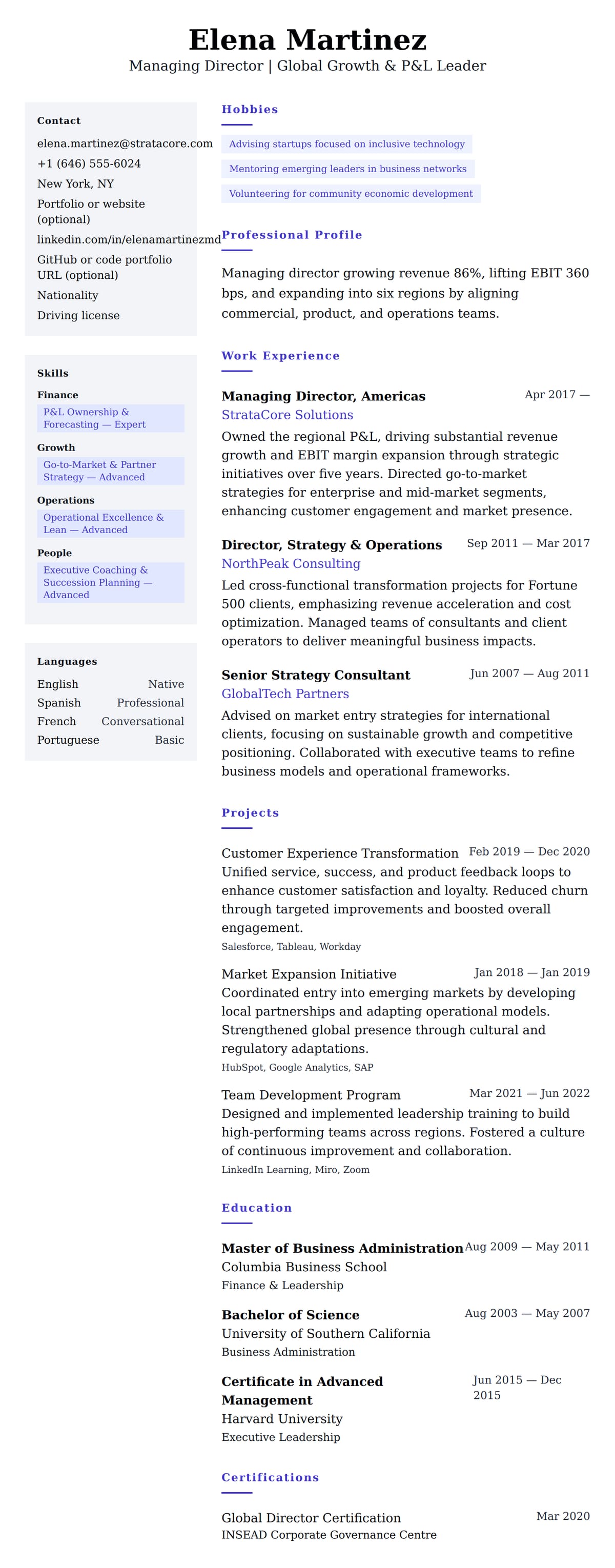 Resume preview for Managing Director Resume Example