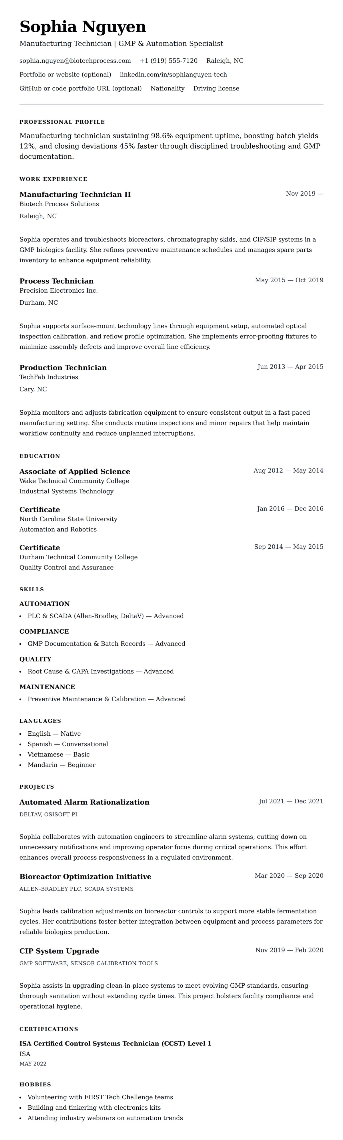 Resume preview for Manufacturing Technician Resume Example