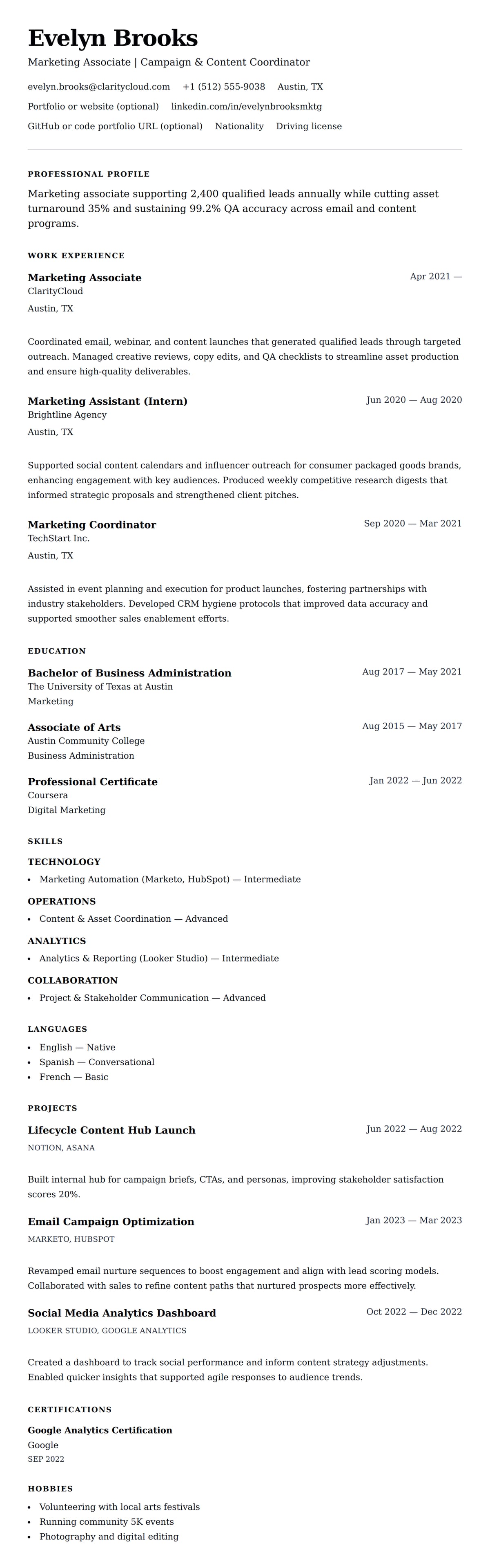 Resume preview for Marketing Associate Resume Example