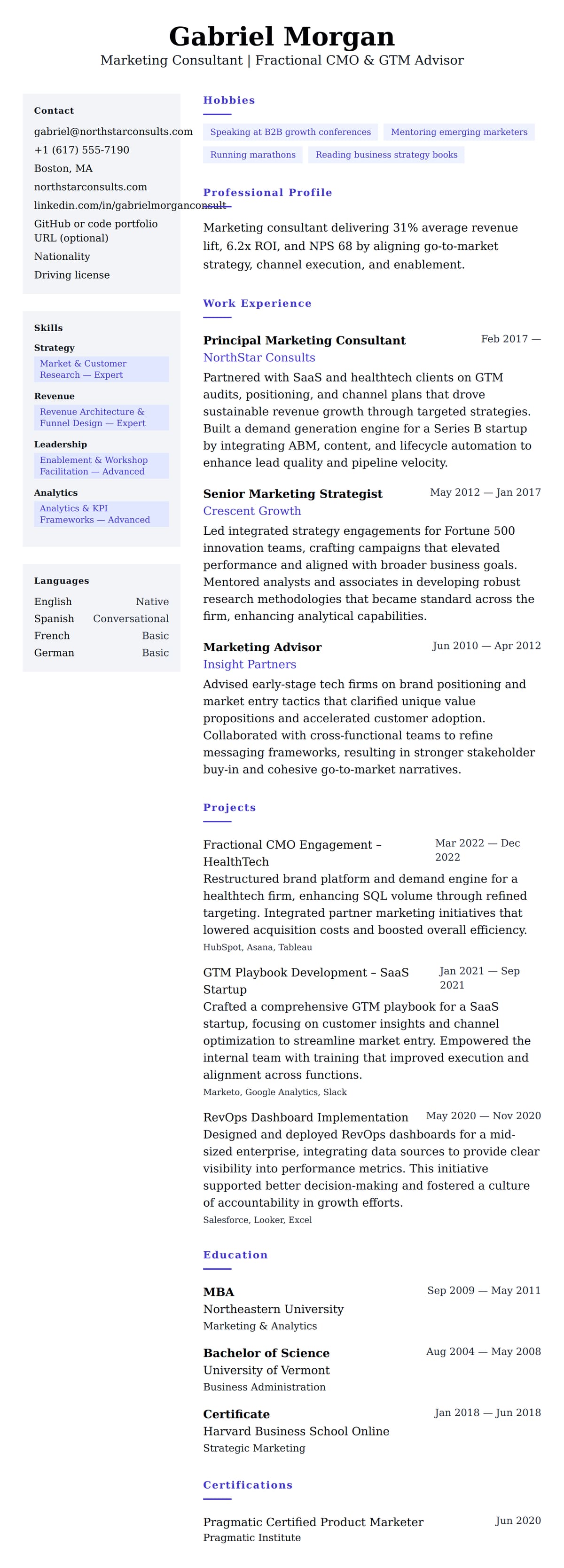 Resume preview for Marketing Consultant Resume Example