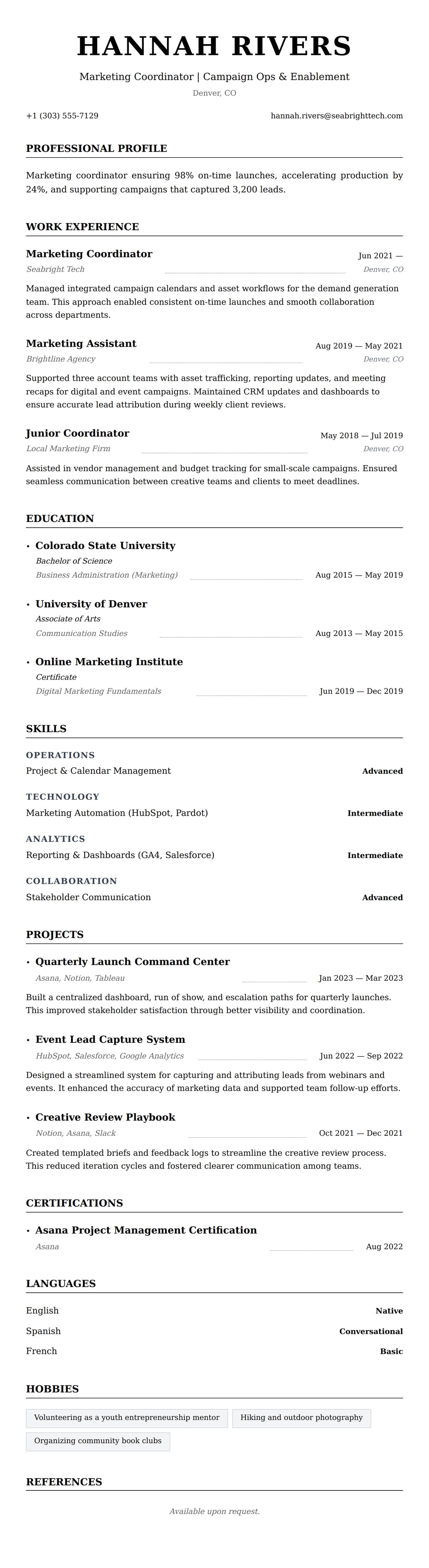 Resume preview for Marketing Coordinator Resume Example