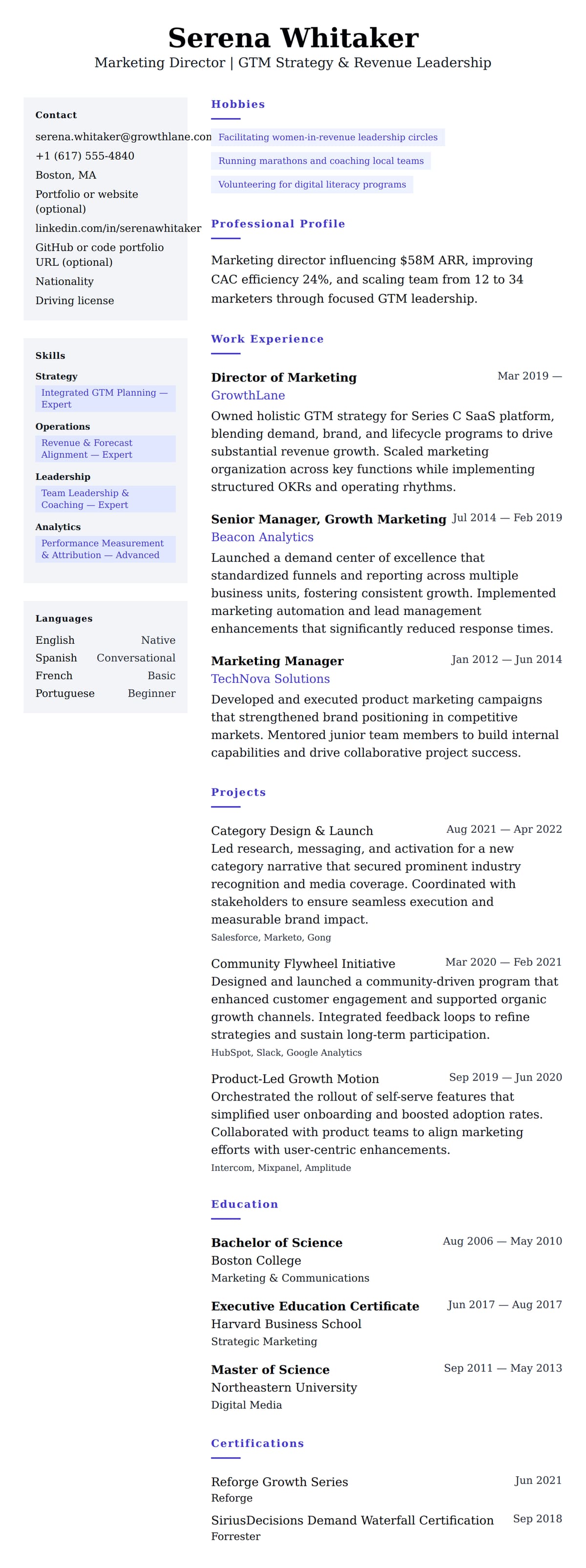 Resume preview for Marketing Director Resume Example