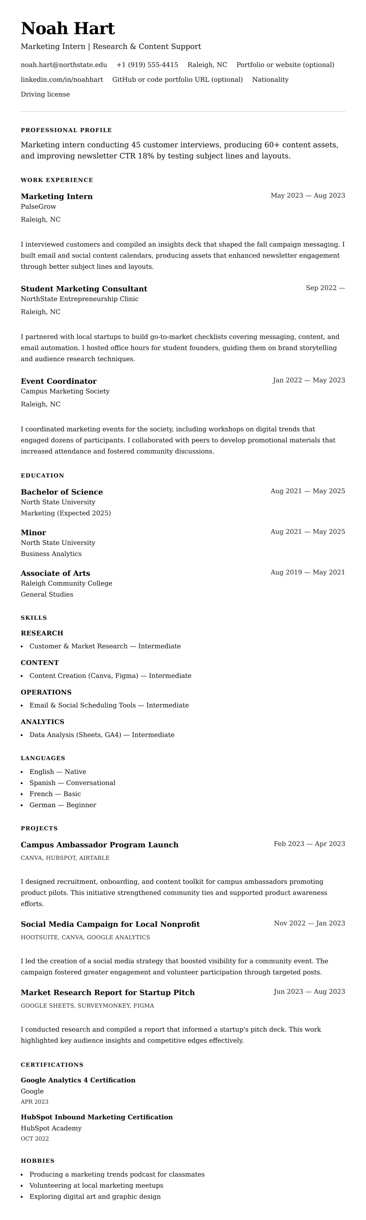 Resume preview for Marketing Intern Resume Example