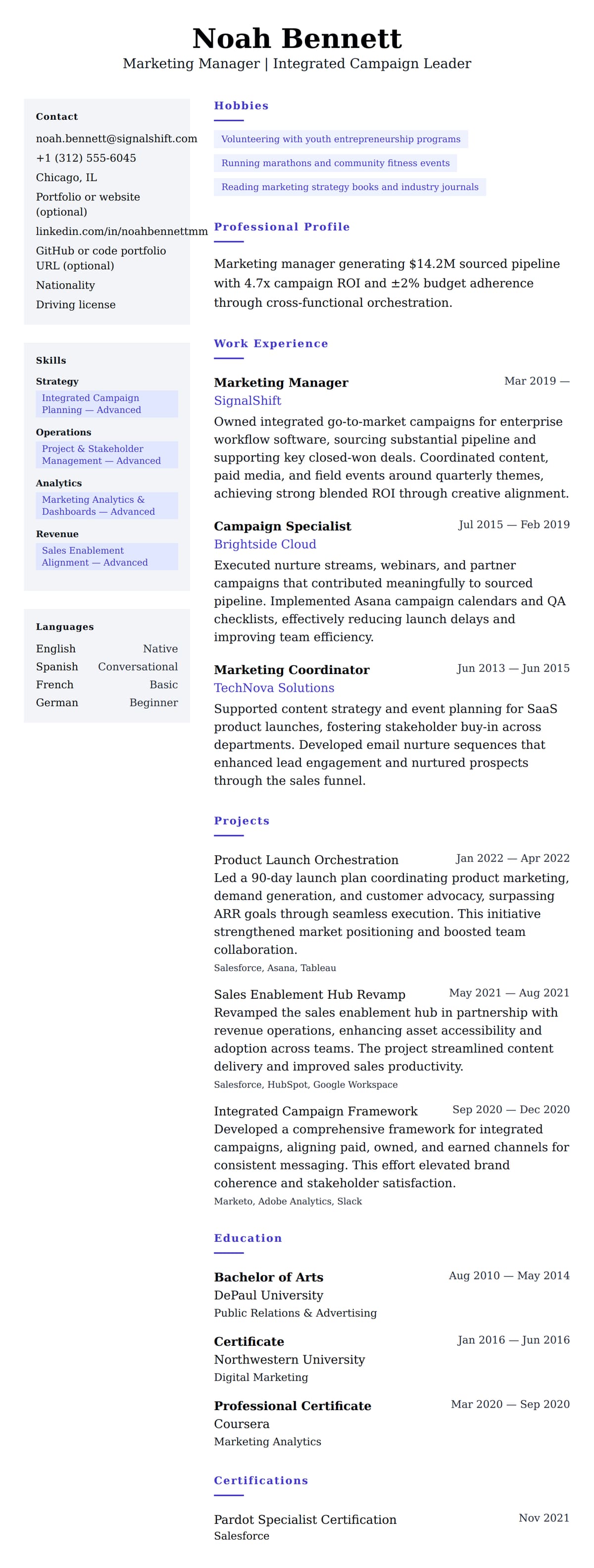 Resume preview for Marketing Manager Resume Example