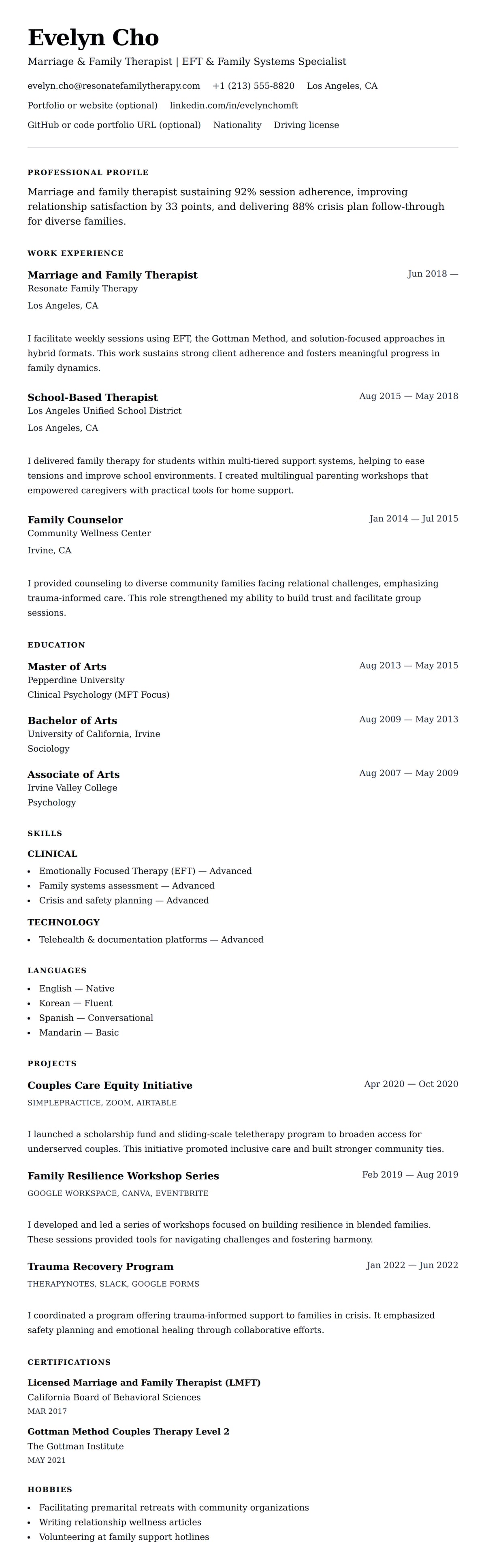 Resume preview for Marriage and Family Therapist Resume Example