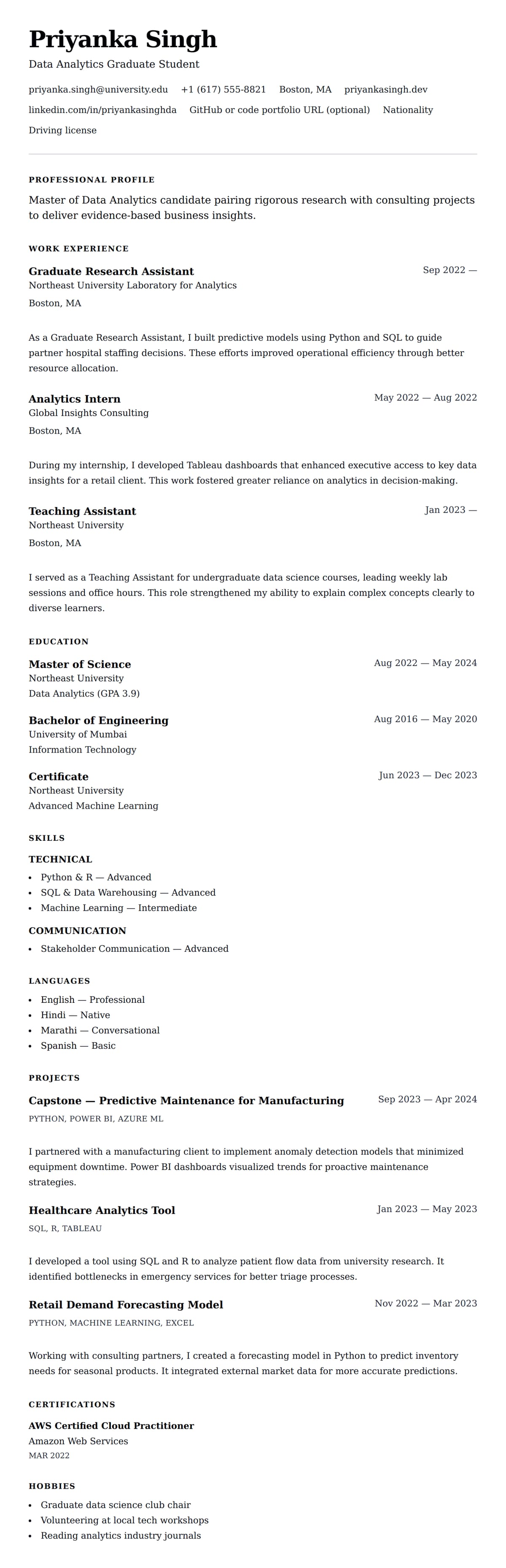 Resume preview for Master's Student Resume Example