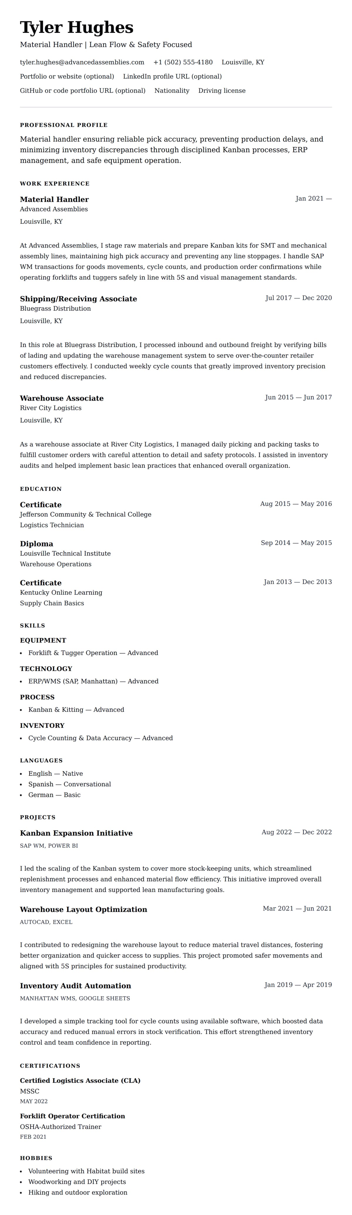 Resume preview for Material Handler Resume Example