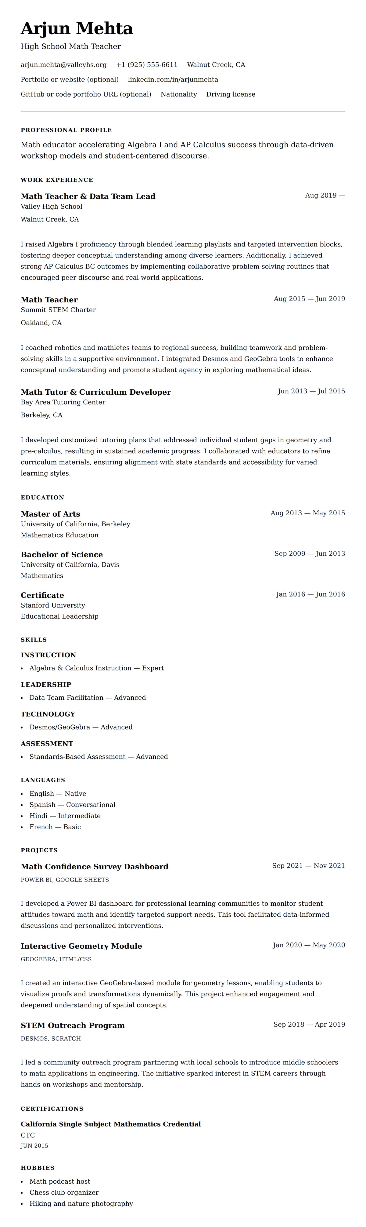 Resume preview for Math Teacher Resume Example