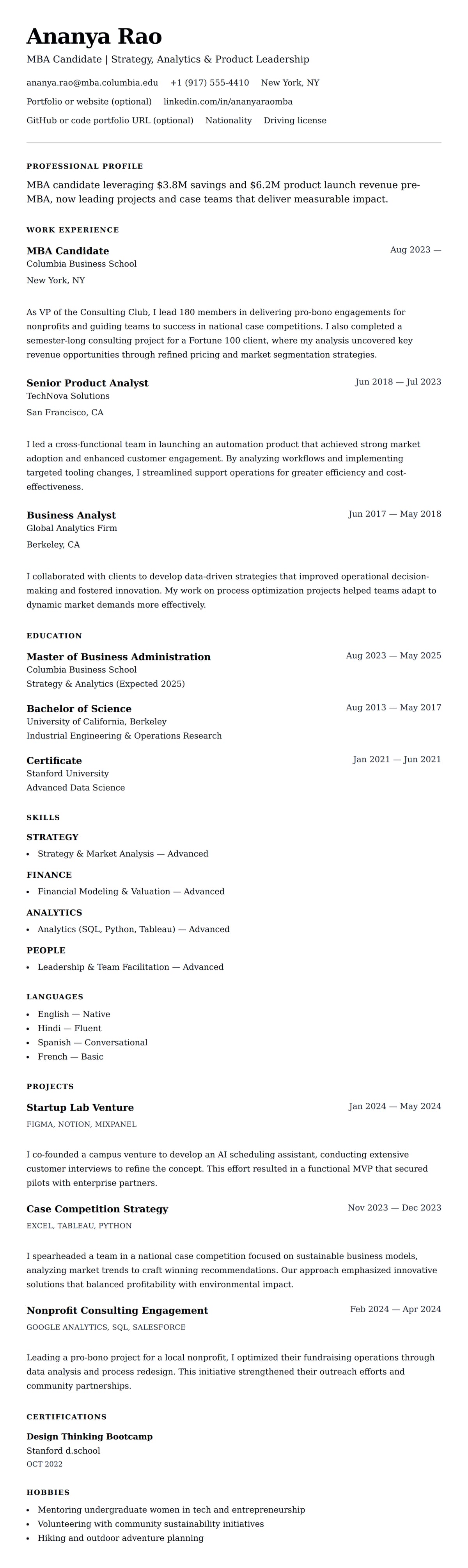 Resume preview for MBA Candidate Resume Example