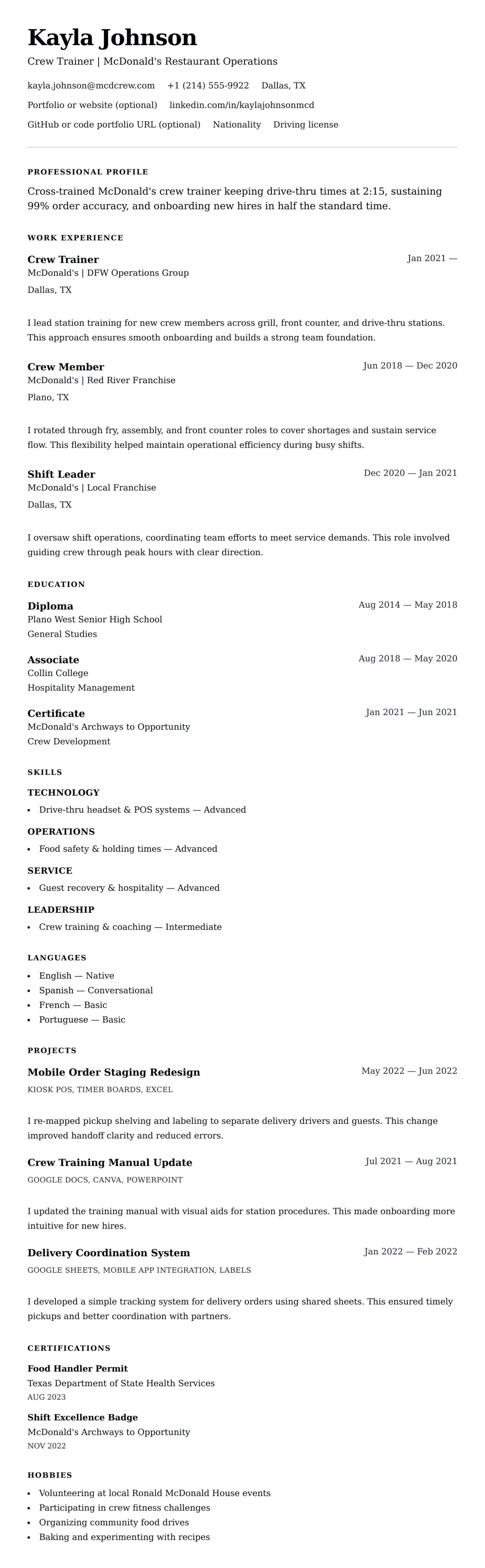 Resume preview for McDonald's Crew Member Resume Example
