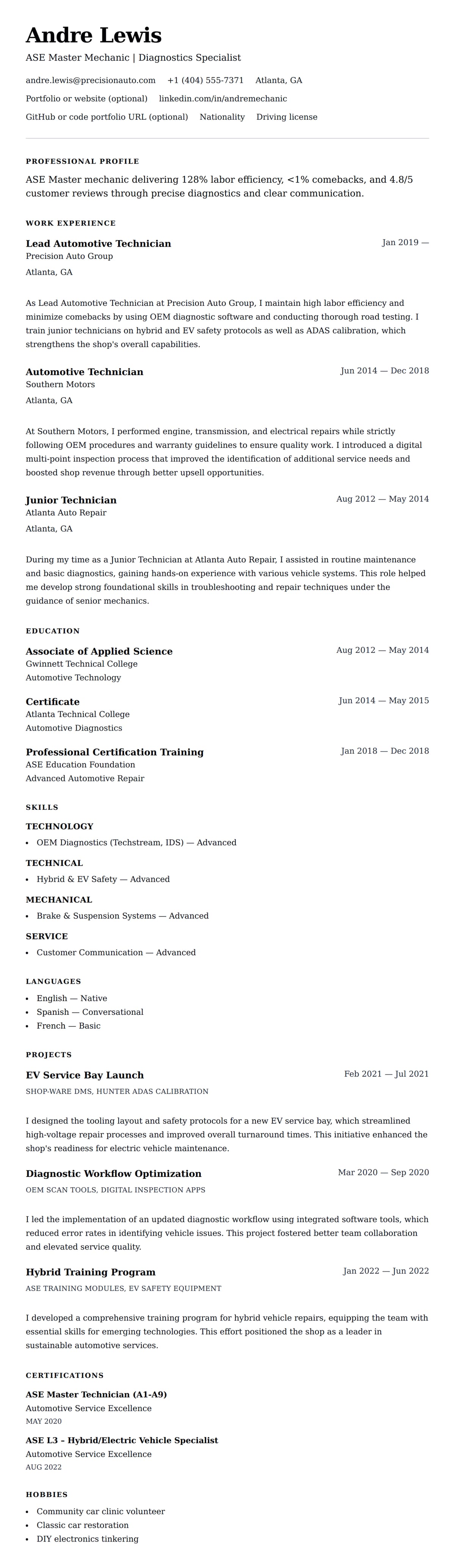 Resume preview for Mechanic Resume Example