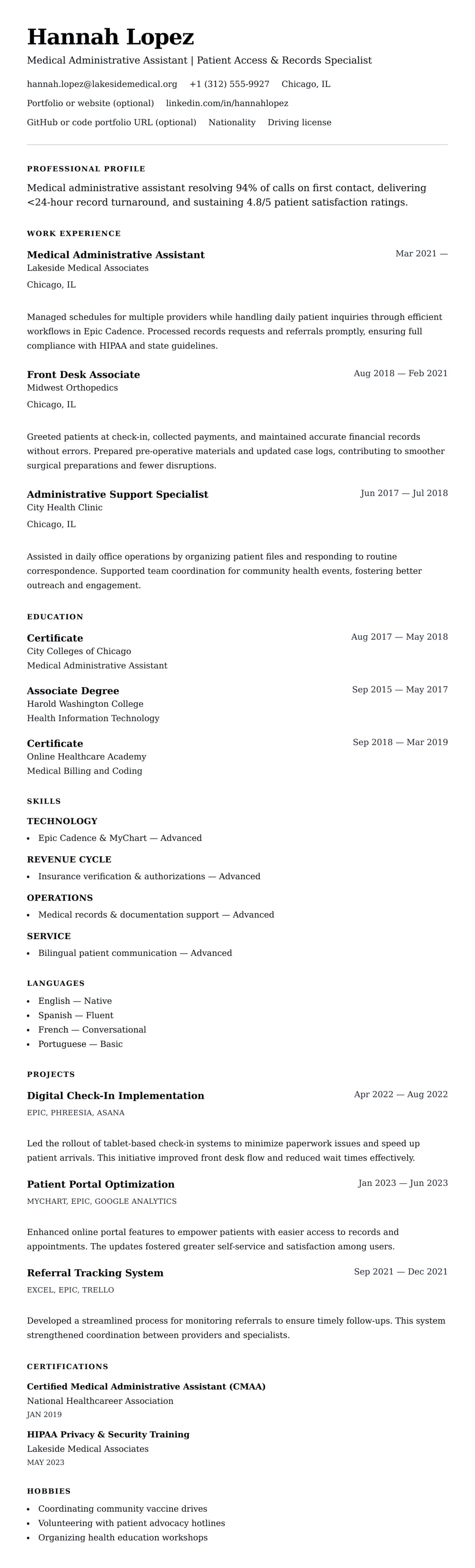 Resume preview for Medical Administrative Assistant Resume Example