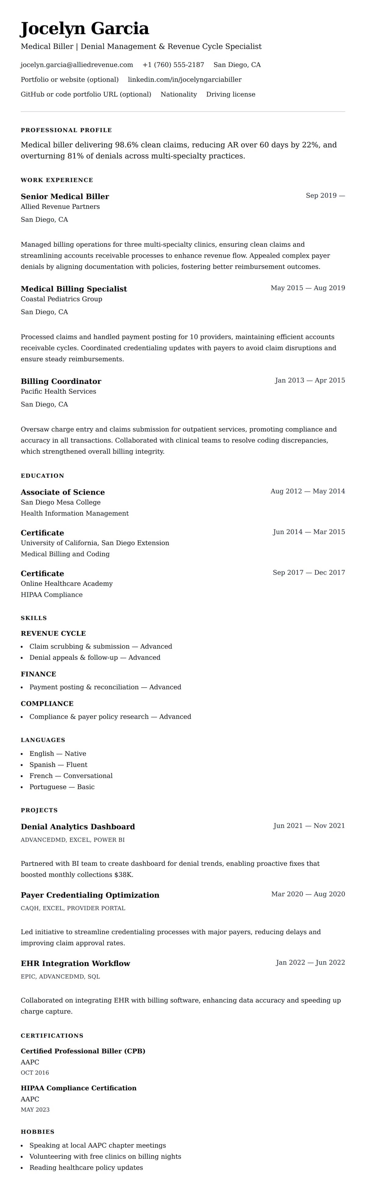 Resume preview for Medical Biller Resume Example