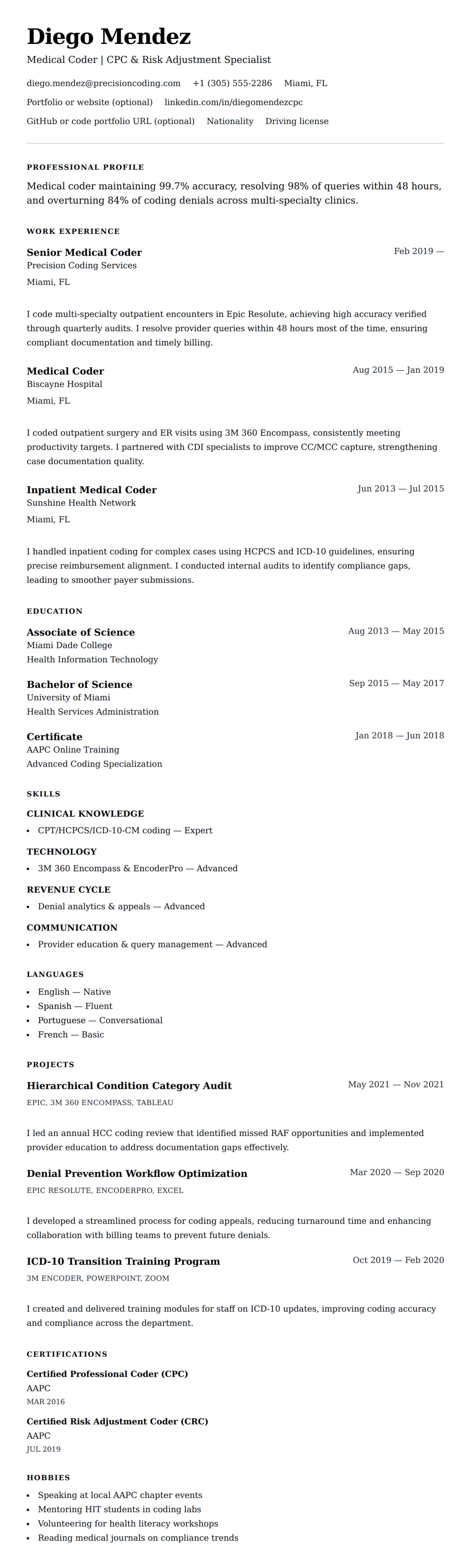 Resume preview for Medical Coder Resume Example