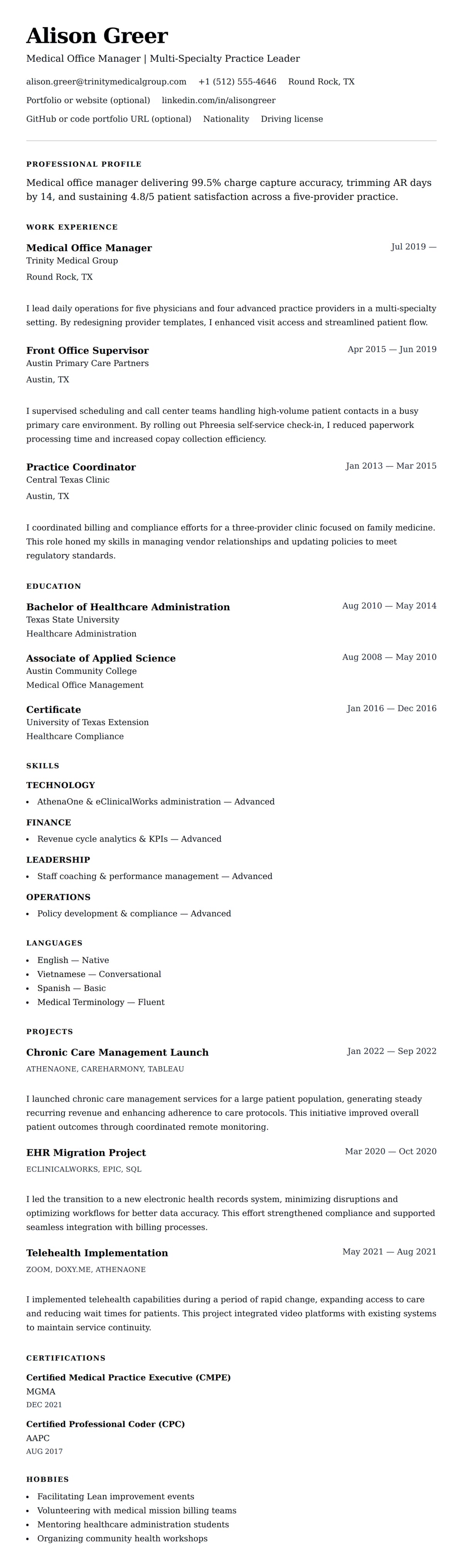 Resume preview for Medical Office Manager Resume Example