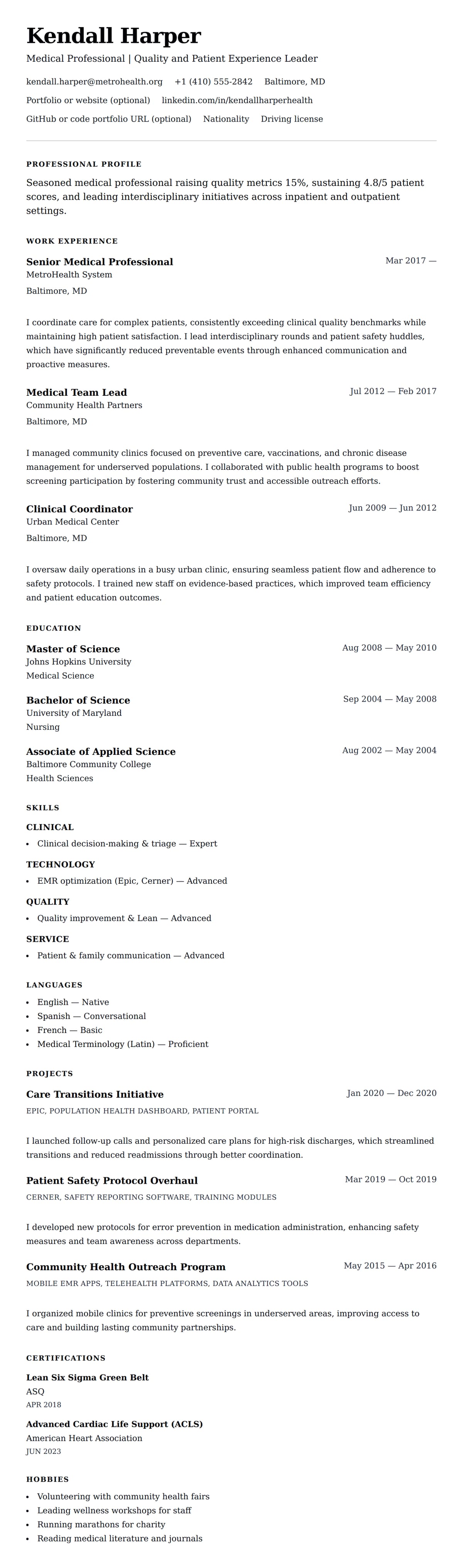 Resume preview for Medical Professional Resume Example