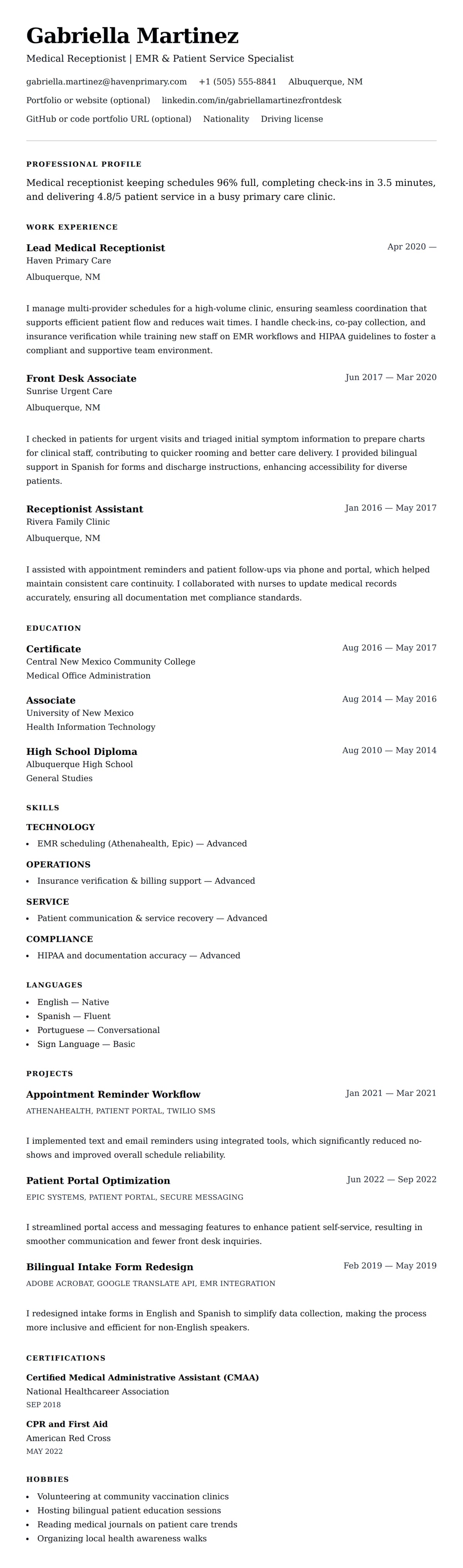 Resume preview for Medical Receptionist Resume Example