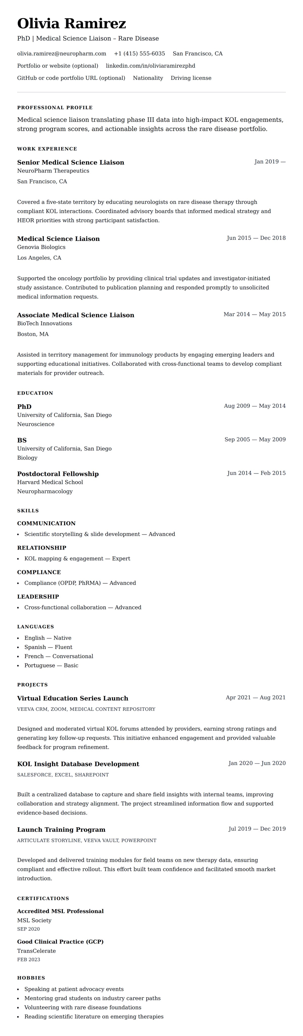 Resume preview for Medical Science Liaison Resume Example