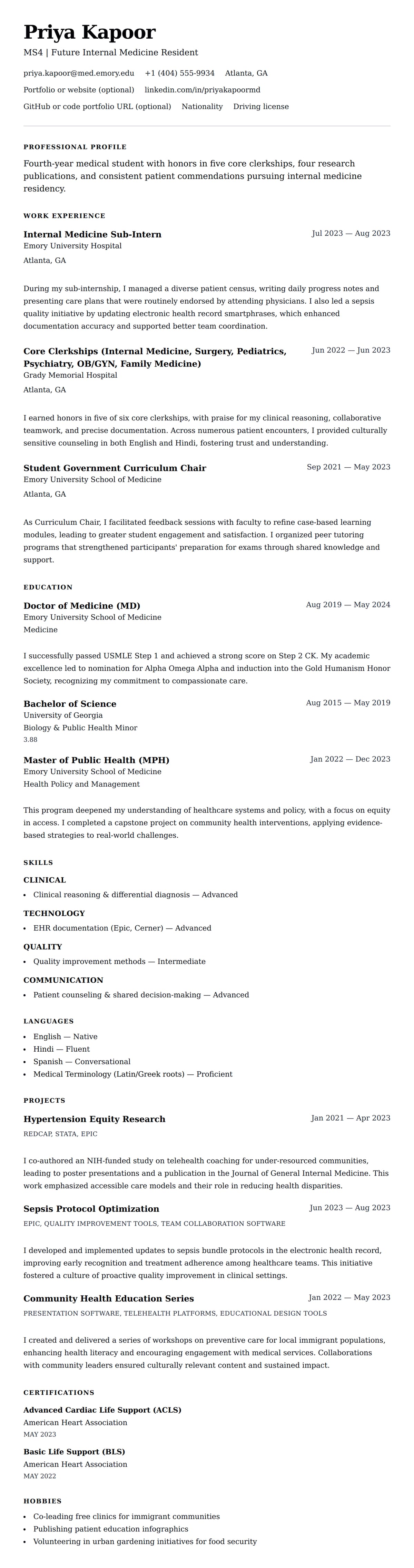Medical Student Resume Example