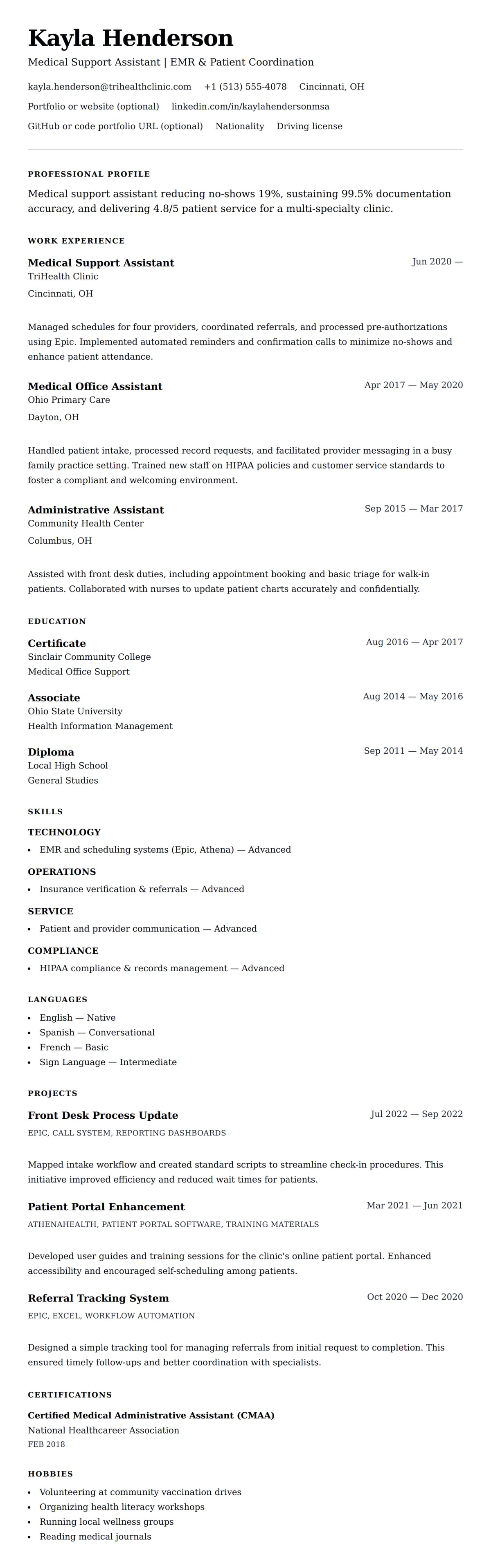 Resume preview for Medical Support Assistant Resume Example