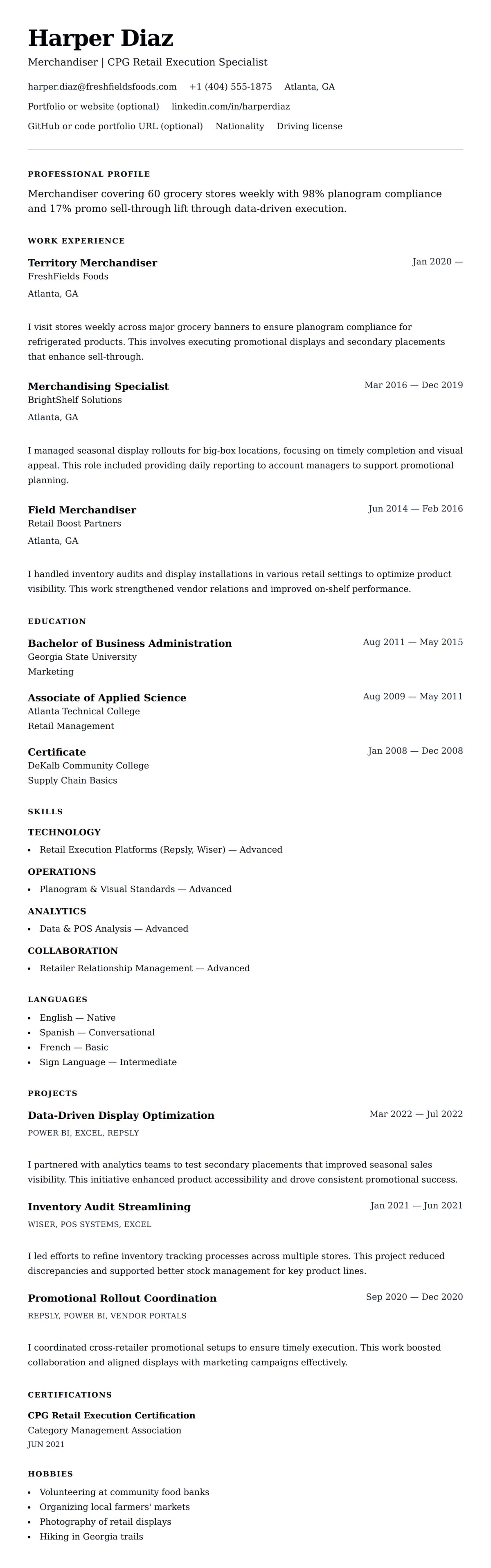 Resume preview for Merchandiser Resume Example