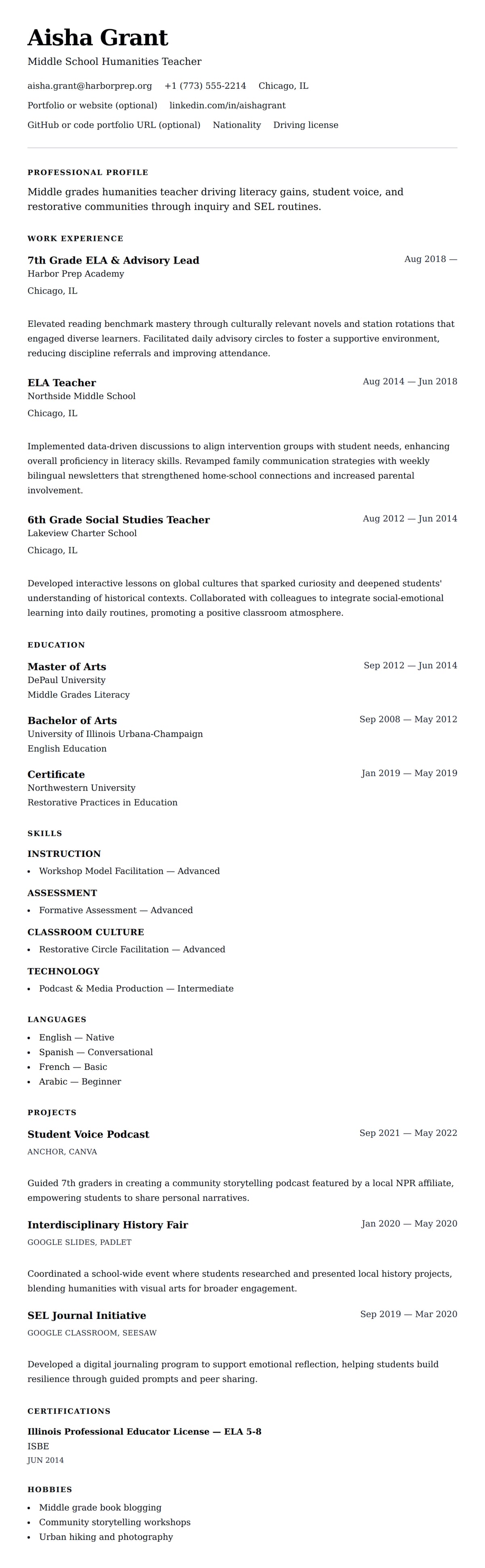 Resume preview for Middle School Teacher Resume Example