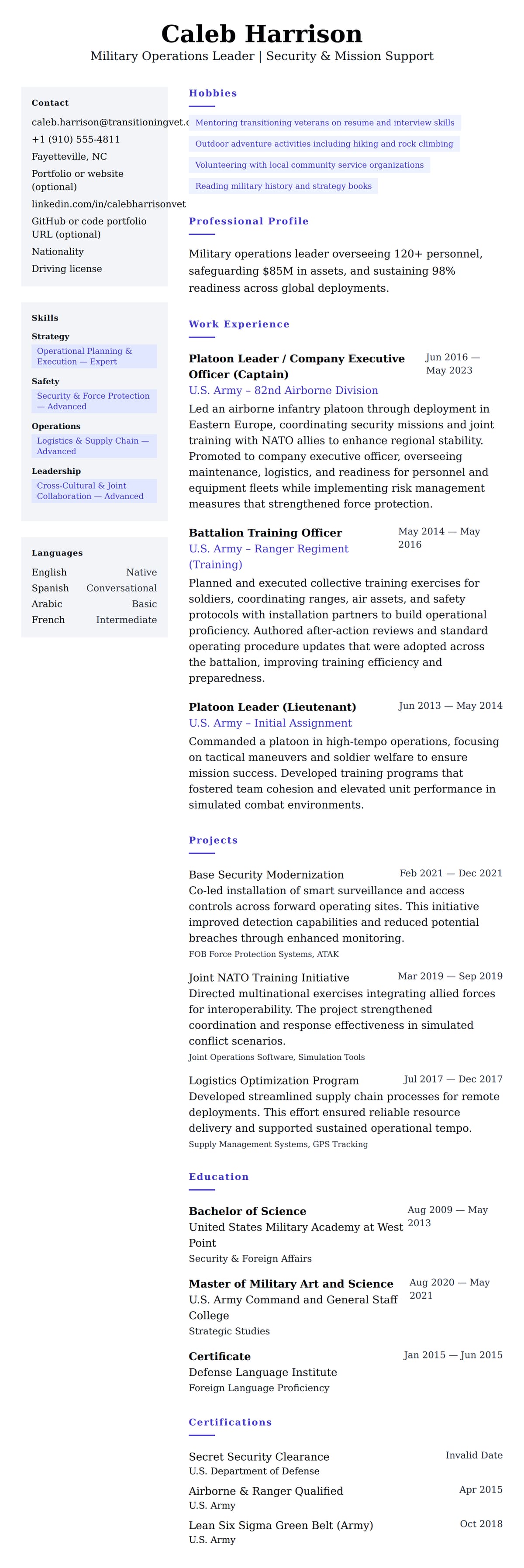 Resume preview for Military Service Member Resume Example
