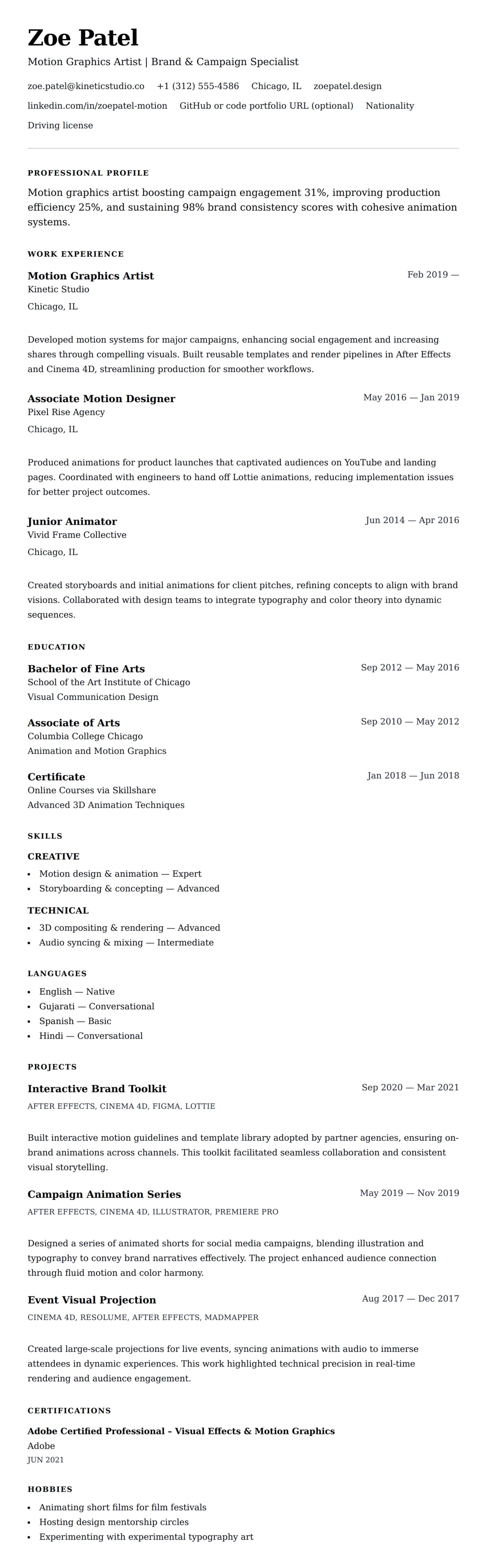 Resume preview for Motion Graphics Artist Resume Example