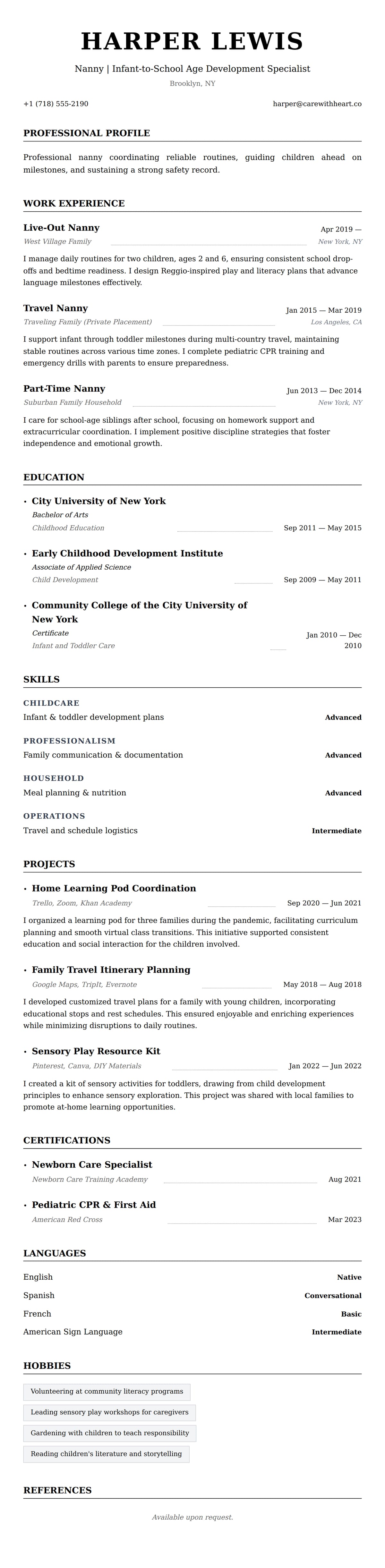 Resume preview for Nanny Resume Example