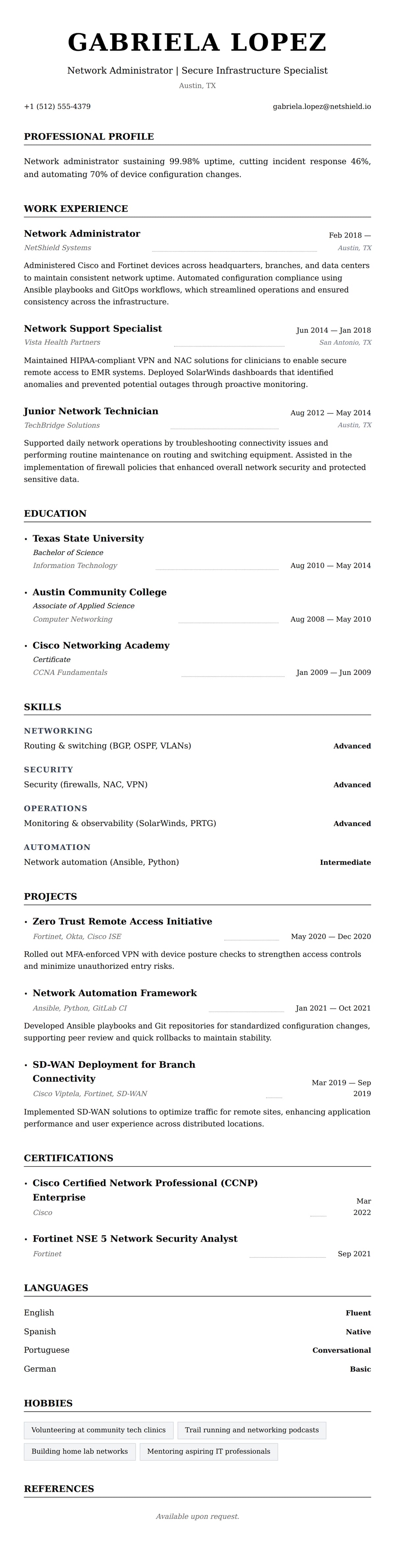 Resume preview for Network Administrator Resume Example