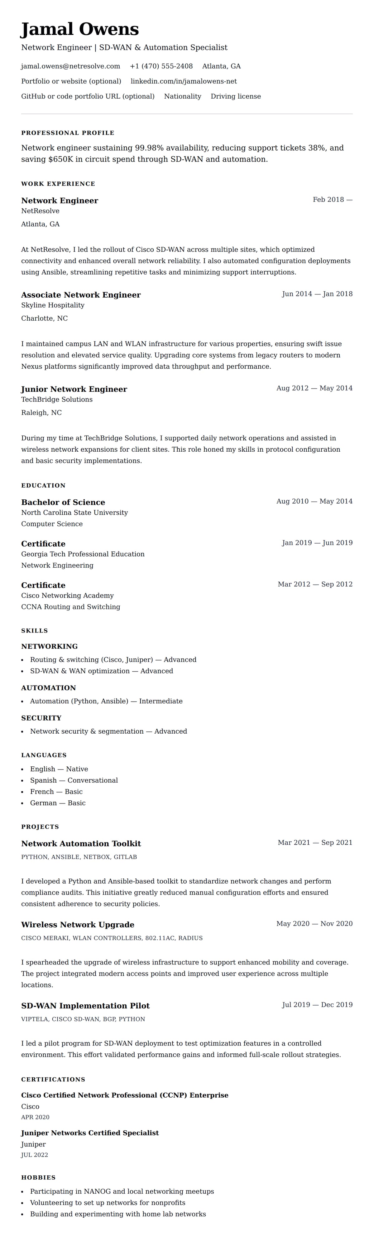 Resume preview for Network Engineer Resume Example