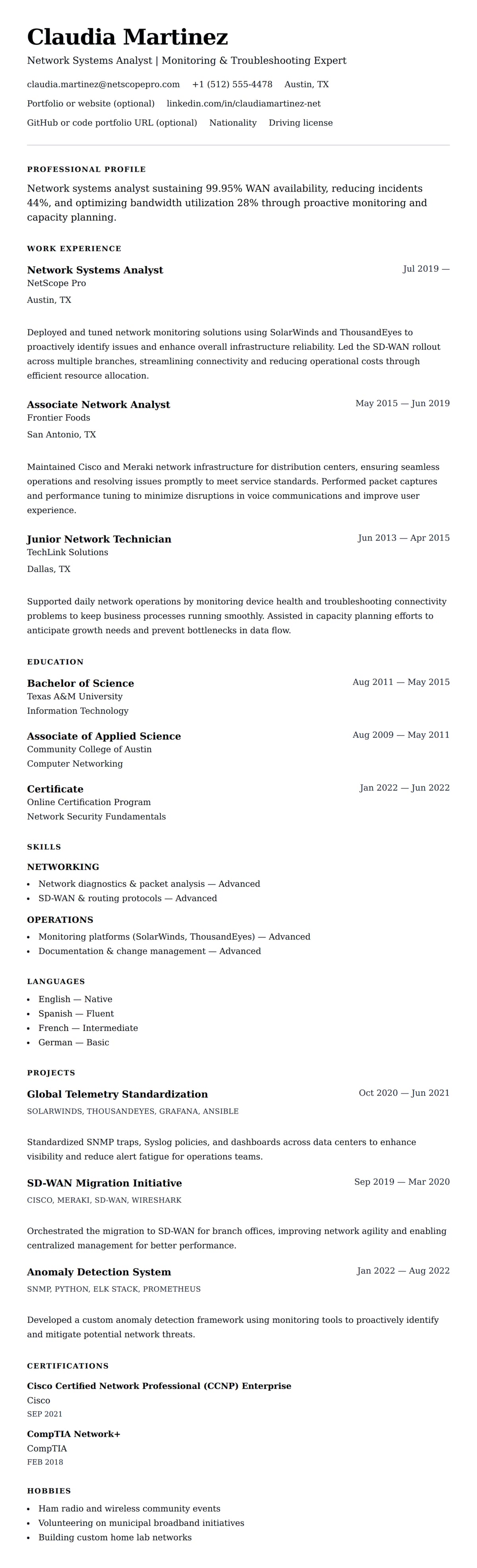 Resume preview for Network Systems Analyst Resume Example