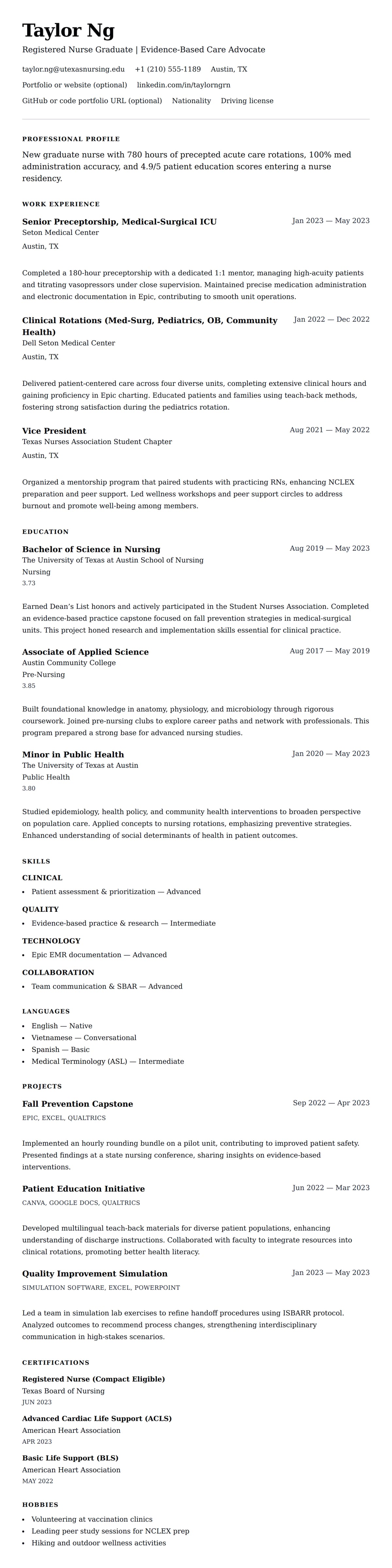 Resume preview for New Graduate Nurse Resume Example