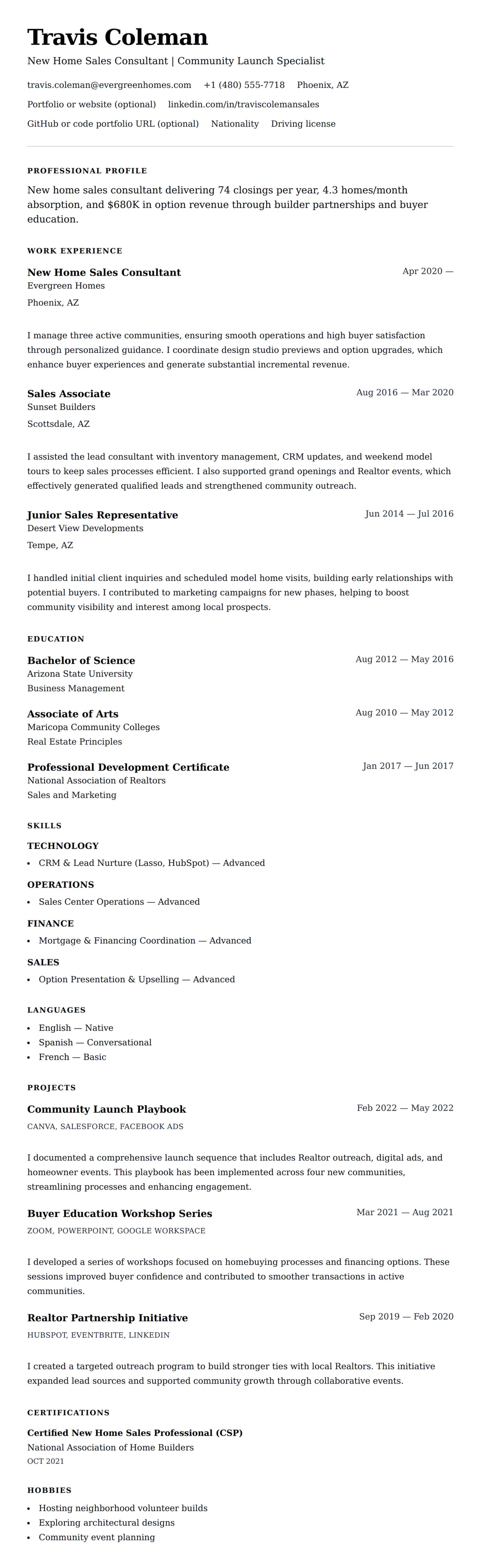 Resume preview for New Home Sales Consultant Resume Example