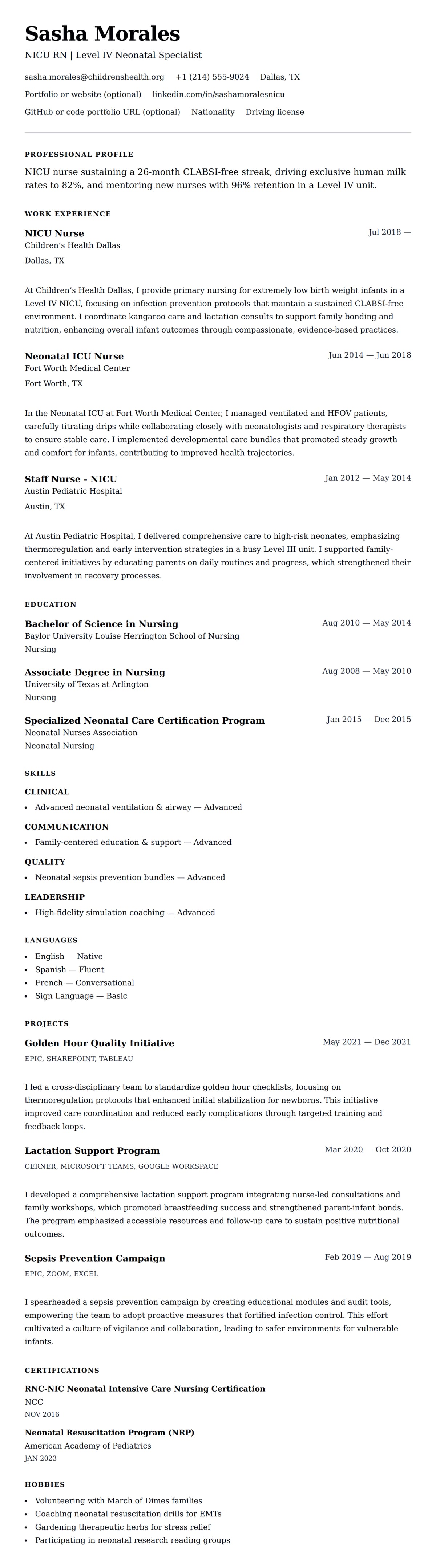 Resume preview for NICU Nurse Resume Example