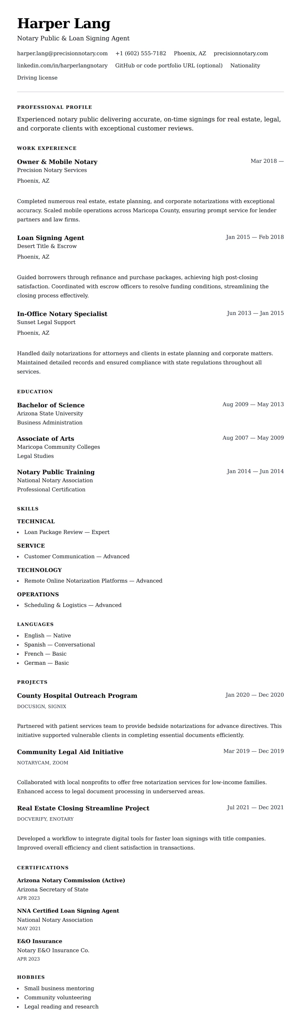 Resume preview for Notary Resume Example