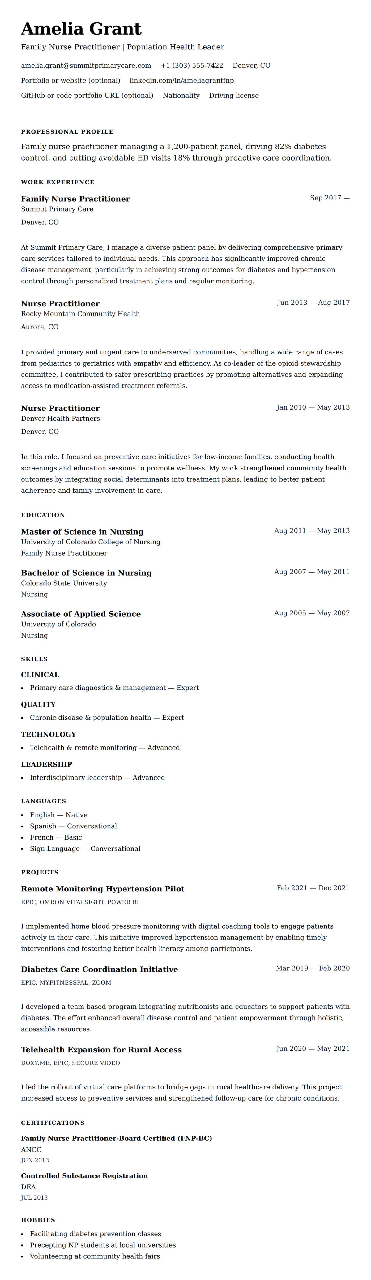Resume preview for Nurse Practitioner Resume Example