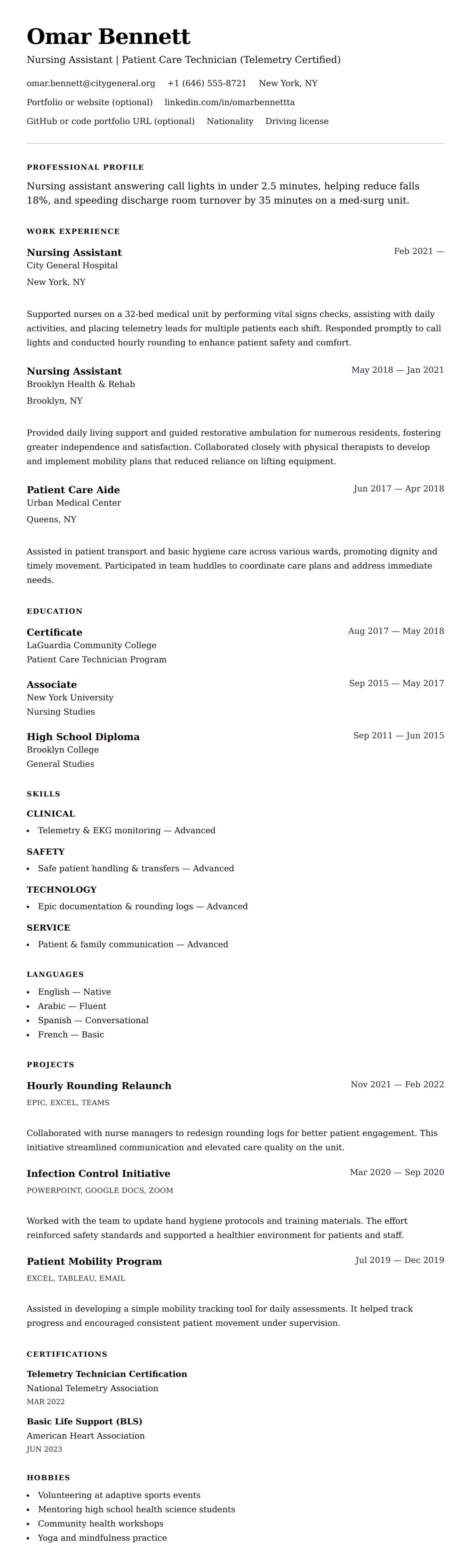Resume preview for Nursing Assistant Resume Example