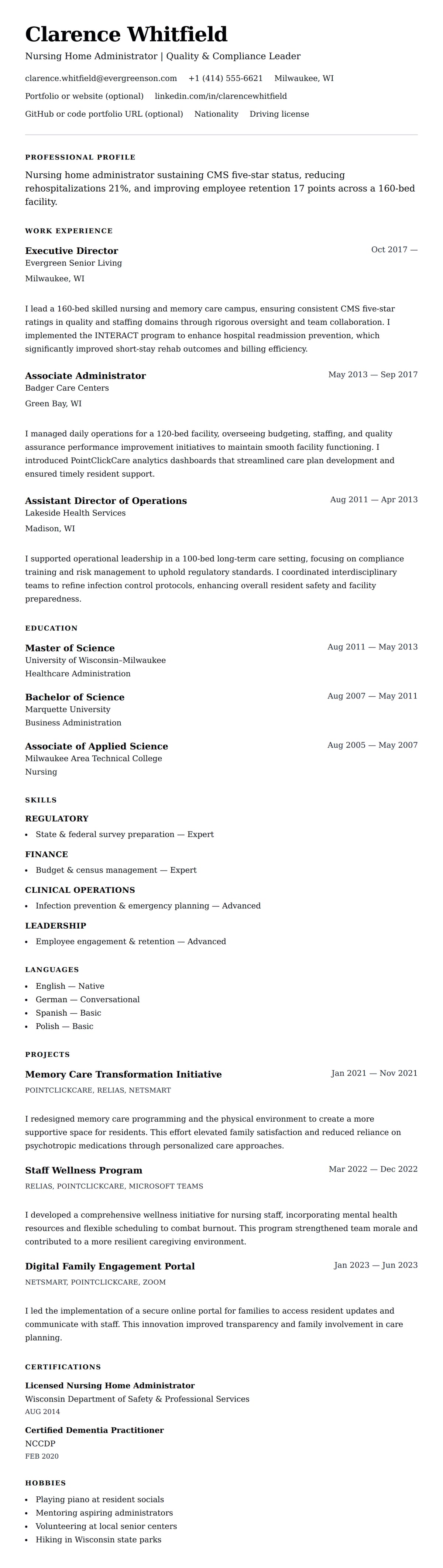 Resume preview for Nursing Home Administrator Resume Example