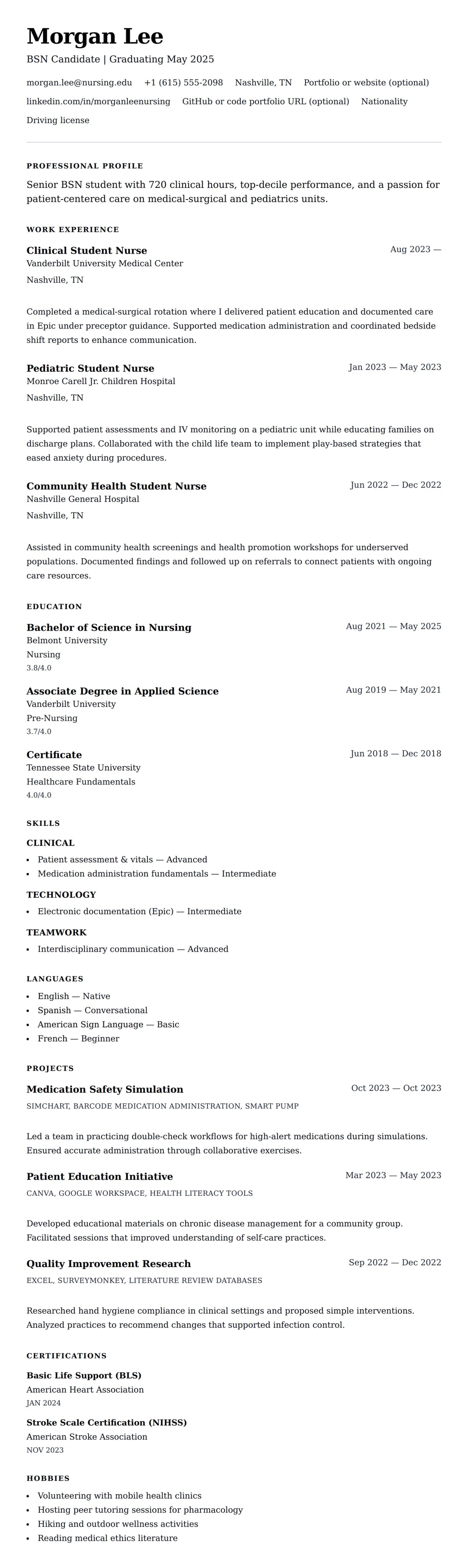Resume preview for Nursing Student Resume Example