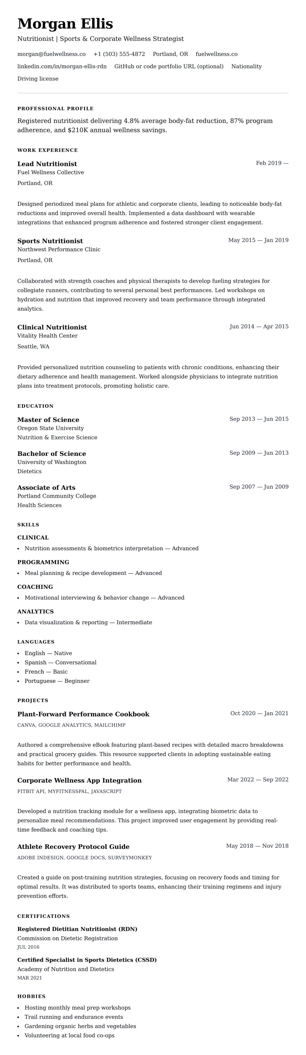Resume preview for Nutritionist Resume Example