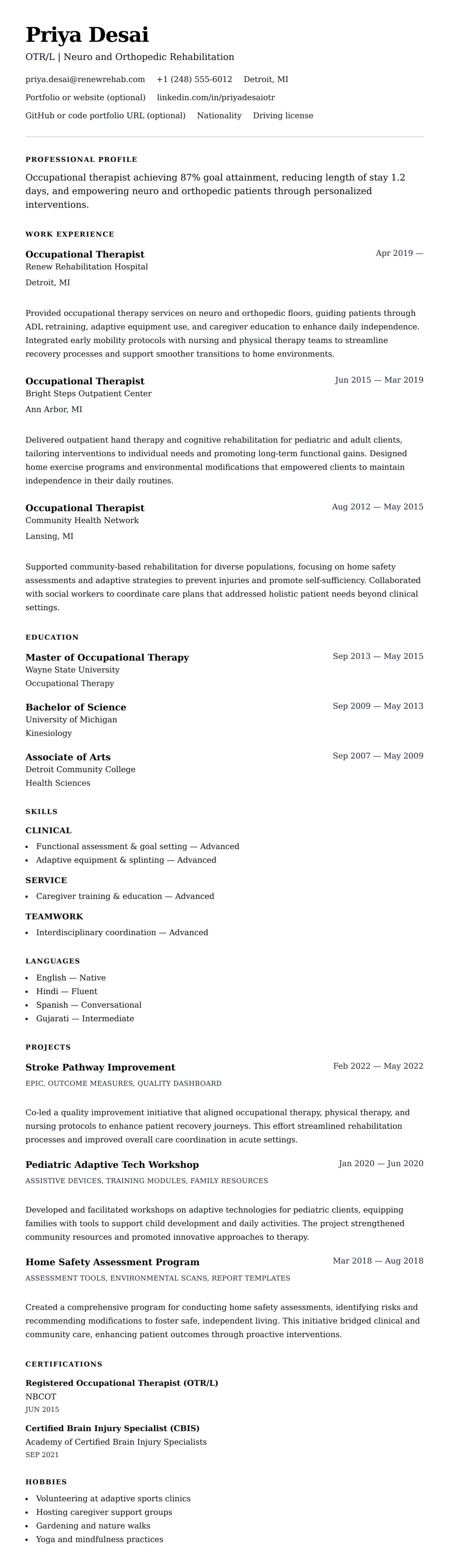 Resume preview for Occupational Therapist Resume Example