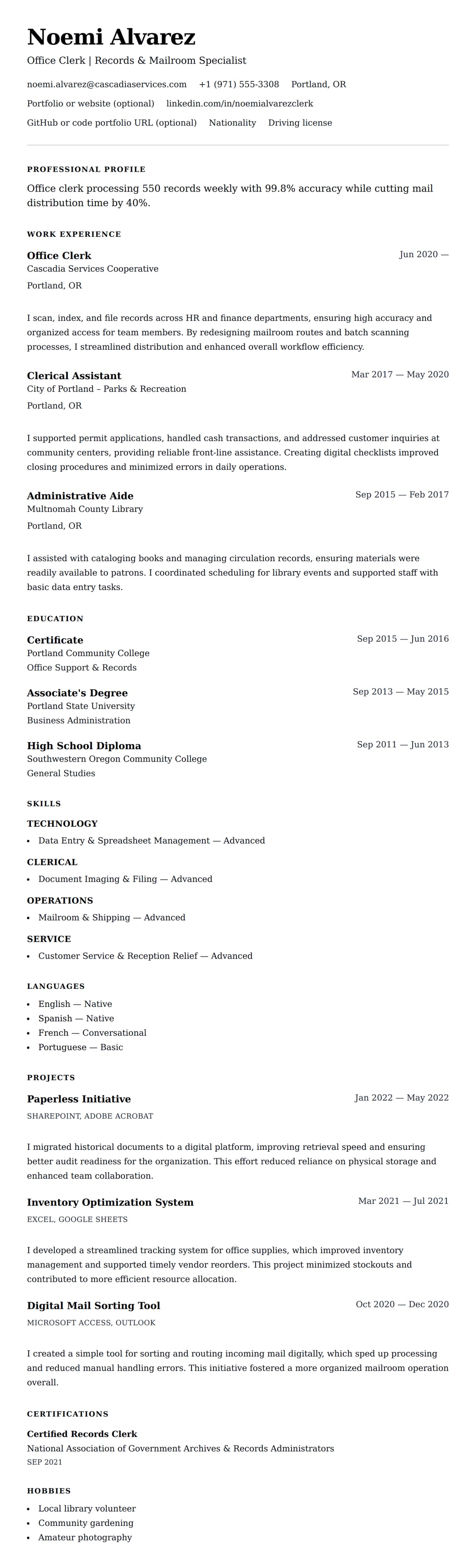 Office Clerk Resume Example