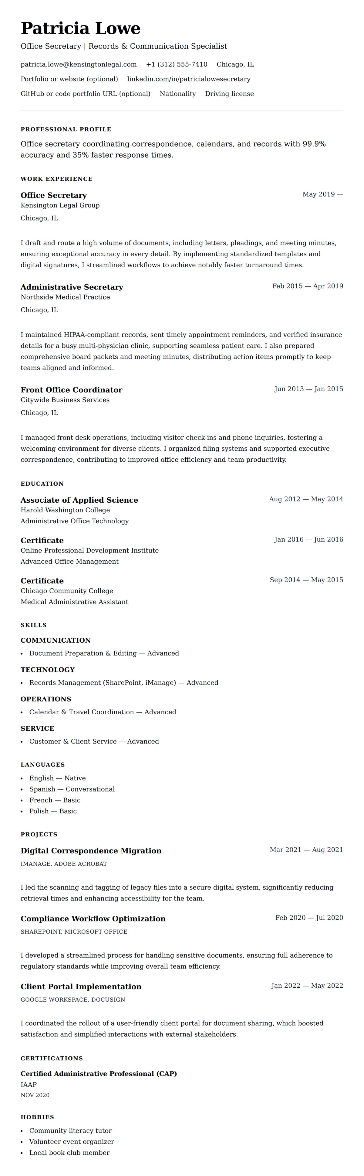 Office Secretary Resume Example